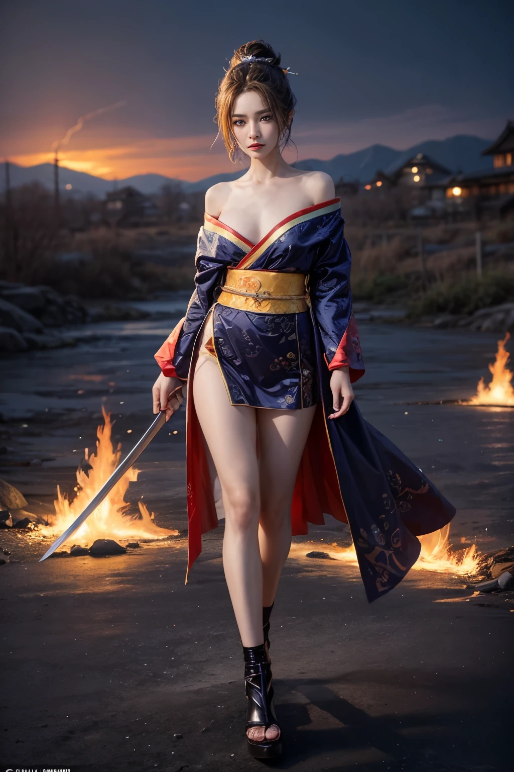 (RAW shooting, Photoreal:1.5, 8K, highest quality, masterpiece, ultra high resolution), Sengoku, Fire, Wars flaring up everywhere:1.3, perfect dynamic composition:1.2, Highly detailed skin and facial textures:1.2, Slim female samurai with a sharp Japanese sword:1.3, Fight:1.2, beautiful and aesthetic, cute and sexy beauty, perfect style:1.2, wear elaborate rings, fire, water, wind, Thunder, ice, Fair skin, very beautiful face, (Medium chest, Chest gap), (embarrassing smile, The expression on your face when you feel intense caress, Facial expression when feeling pleasure), (Wearing a sexy Sengoku uniform:1.1, off shoulder), (beautiful blue eyes, Eyes that feel beautiful eros:0.8), (Too erotic:0.9, Bewitching:0.9), full body shot,Small breasts,Flat Chest,Small hips,Are thin,Slim figure,