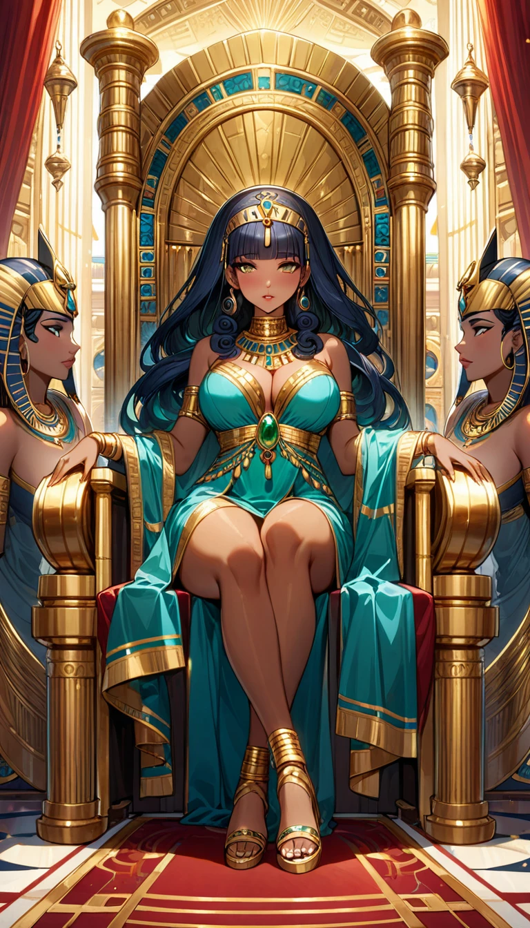 ((Masterpiece)), ((Best Quality)), (Very Detailed), ((Very Detailed)), 4K, (8K), very aesthetic, absurdres highres, 1 woman, brown skin, solo, Cleopatra sits on a luxurious throne in an ancient Egyptian palace, bathed in golden light. She crosses her legs in a gorgeous space surrounded by deep red curtains, giving off an air of dignity and bewitchment. Cleopatra's face is characterized by a long, slightly hooked nose, almond-shaped eyes, full lips, and a rounded chin, and her beauty is unparalleled. Her hair is thick and curly, with ringlets framing her face at the front and a "melon" style at the back. Her costume is a dark green silk dress woven with gold thread, and jeweled gold jewelry sparkles in her hair. The throne is decorated with detailed carvings depicting ancient Egyptian gods and pharaohs. Cleopatra's hand holds an elaborately carved golden staff, and her throne is studded with rubies and emeralds. The floors of the palace are covered with luxurious Persian rugs, and the walls are decorated with vivid paintings depicting ancient Egyptian mythology. Constellations are painted on the ceiling, and sweet-smelling incense smoke rises from the incense burner at your feet.