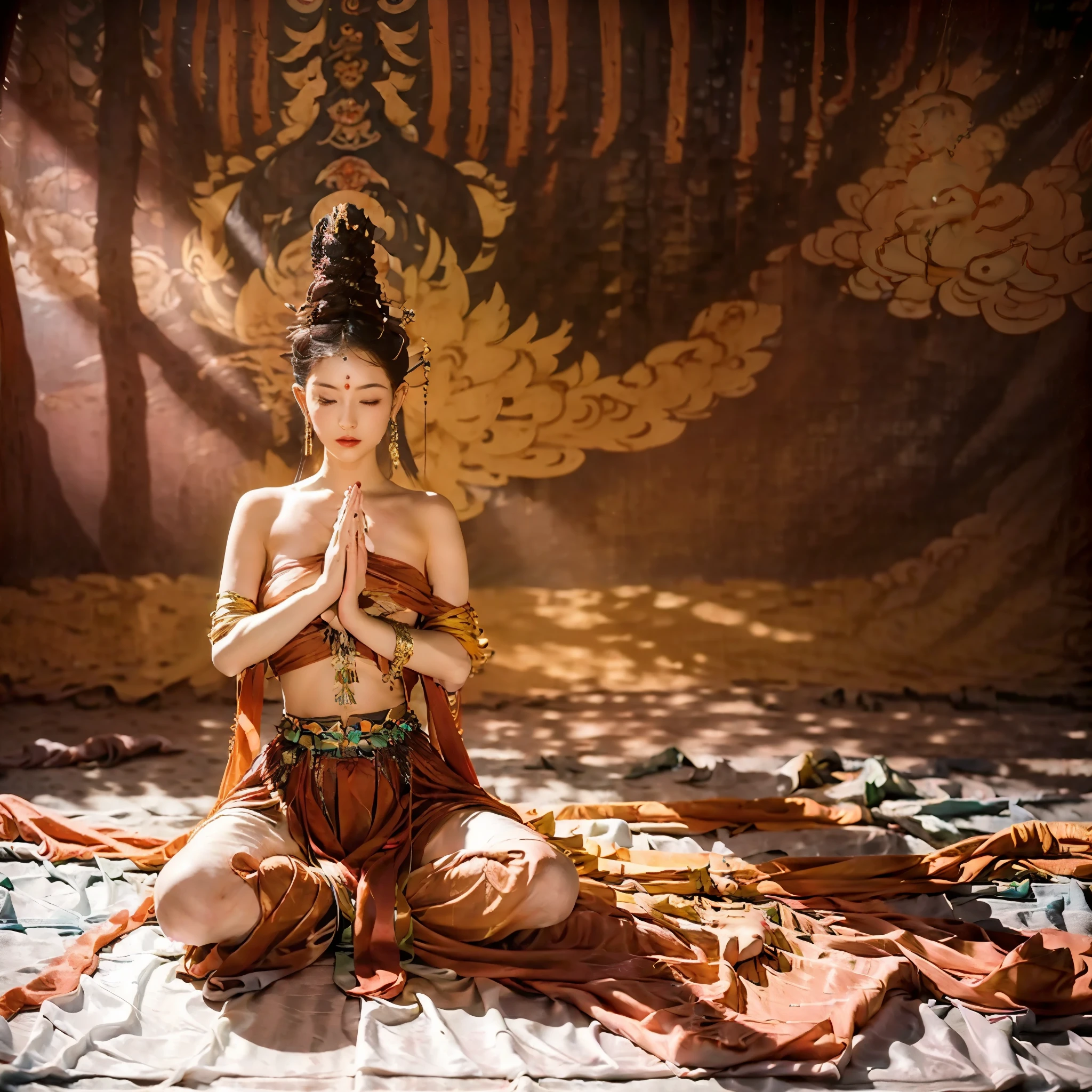 Naked Tantric female Bodhisattva sitting cross-legged on an altar meditating,（Sweating all over）, （Hands together），Perform a sacred ceremony, The ground was covered with offerings, (best quality, high resolution:1.2)