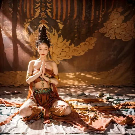 Naked Tantric female Bodhisattva sitting cross-legged on an altar meditating,（Sweating all over）, （Hands together），Perform a sac...