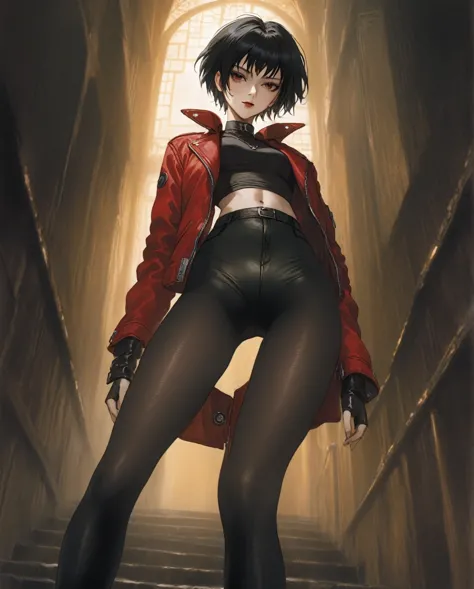 amano yoshitaka, a full-body, high-resolution anime style of a woman with black pixie cut hair, dressed in black tights, black b...