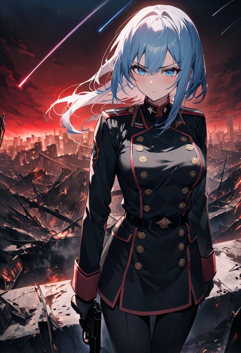 Facing forward　girl　Military uniforms with a white base and some black　Spectacular Background　A shooting star is falling　Beautiful night view　　　She is on the right　On the left you can see the destroyed city.　He has a gun　　　服にはplaneが描かれています　背景の上部にはFighterが飛んでいます　Red Moon　blue eyes　　There is one person　light blue long hair　wearing a military cap　war　I'm wearing pants　Precision　masterpiece　girlにクローズアップ　girlを正面から見ています　short hair　soldier　battlefield　{超Precision} Satanic　She's angry　But I&#39;m angry　Hanging eyes　Anime Style　 {war} {Gunfight} {Fighterの擬人化} Fighter　tank　Battleship　plane　Thunder Day　Mechanical Man　宇宙Battleshipヤマトの武装をつけています　A dignified expression　F-16Fighterの翼を背中につけています