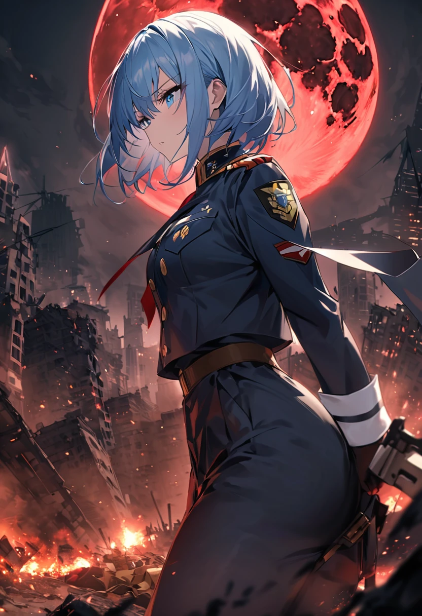 Facing forward　girl　Military uniforms with a white base and some black　Spectacular Background　A shooting star is falling　Beautiful night view　　　She is on the right　On the left you can see the destroyed city.　He has a gun　　　服にはplaneが描かれています　背景の上部にはFighterが飛んでいます　Red Moon　blue eyes　　There is one person　light blue long hair　wearing a military cap　war　I'm wearing pants　Precision　masterpiece　girlにクローズアップ　girlを正面から見ています　short hair　soldier　battlefield　{超Precision} Satanic　She's angry　But I&#39;m angry　Hanging eyes　Anime Style　 {war} {Gunfight} {Fighterの擬人化} Fighter　tank　Battleship　plane　Thunder Day　Mechanical Man　宇宙Battleshipヤマトの武装をつけています　A dignified expression　F-16Fighterの翼を背中につけています