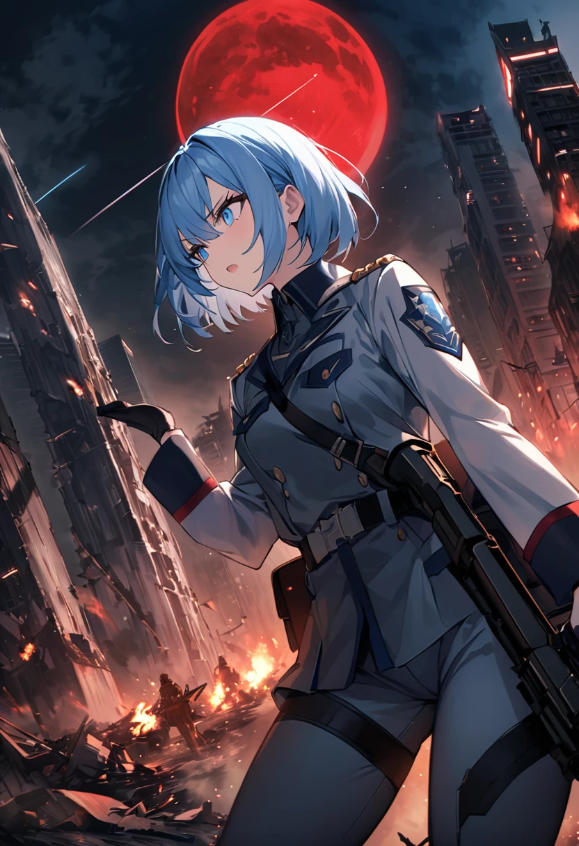 Facing forward　girl　Military uniforms with a white base and some black　Spectacular Background　A shooting star is falling　Beautiful night view　　　She is on the right　On the left you can see the destroyed city.　He has a gun　　　服にはplaneが描かれています　背景の上部にはFighterが飛んでいます　Red Moon　blue eyes　　There is one person　light blue long hair　wearing a military cap　war　I'm wearing pants　Precision　masterpiece　girlにクローズアップ　girlを正面から見ています　short hair　soldier　battlefield　{超Precision} Satanic　She's angry　But I&#39;m angry　Hanging eyes　Anime Style　 {war} {Gunfight} {Fighterの擬人化} Fighter　tank　Battleship　plane　Thunder Day　Mechanical Man　宇宙Battleshipヤマトの武装をつけています　A dignified expression　F-16Fighterの翼を背中につけています