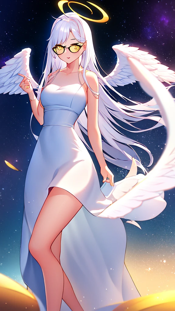 An 1 female angel with long, white hair, yellow eyes, white cat ears, and large white angel wings. yellow halo ring round white glasses (White evening dress, sexy long skirt) Hand touching lips, standing, looking down