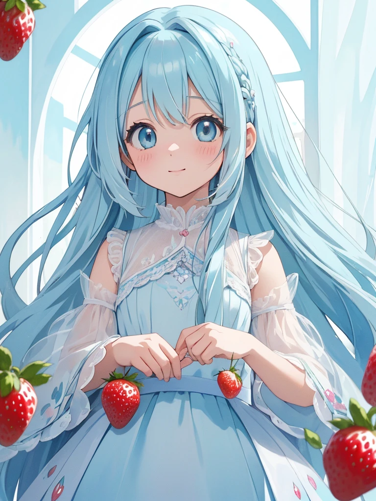 masterpiece, best quality, extremely detailed, (illustration, official art:1.1), 1 girl ,(((( light blue long hair)))), ,(((( light blue long hair)))),light blue hair, ,10 years old,loli, long hair ((blush)) , cute face, big eyes, masterpiece, best quality,(((((a very delicate and beautiful girl))))),Amazing,beautiful detailed eyes,blunt bangs((((little delicate girl)))),tareme(true beautiful:1.2), sense of depth,dynamic angle,,,, affectionate smile, (true beautiful:1.2),,(tiny 1girl model:1.2),)(flat chest),In a watercolor animation scene, the screen is filled with so many delicately sparkling strawberrys. At the bottom center of the image is a cute anime girl looking up at strawberrys in awe. His face is full of excitement and surprise. Anime girls have an adorable, moe-type appearance. The watercolor style gives the scene a soft quality. The strawberrys come in different sizes and have a subtle iridescent sheen that adds a magical feel to your images.