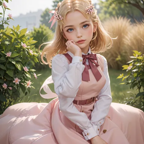 (masterpiece, best quality), 1girl,   mariacampbell, hair flower, hair ribbon, parted bangs , pink dress, white sleeves, long sl...