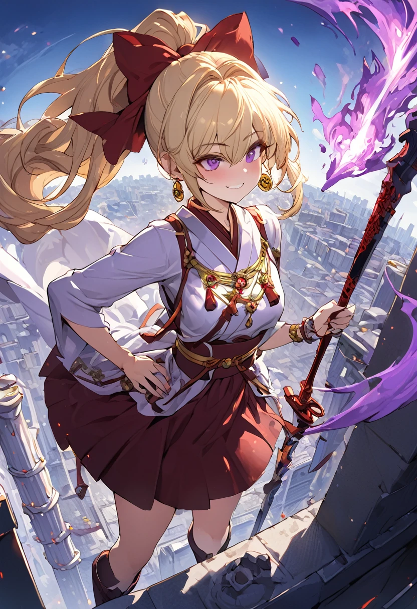 nsfw, destroying, 1girl, solo, standing on the roof of a skyscraper, dark persona, hand on own hip, pillars of purple fire, gripping sword in hand, masterpiece, best quality, ultra-detailed, illustration, beautiful detailed eyes, kusakabe maron, kaitou jeanne, long hair, smile, black cloth, purple eyes, boots, blonde hair, bow, ribbon, hair ribbon, ponytail, earrings, red ribbon, red bow, drill hair, high ponytail, purple obi, chains, yin yang, earring, pierces, beautiful art, high res, perfect face, detailed outfit,