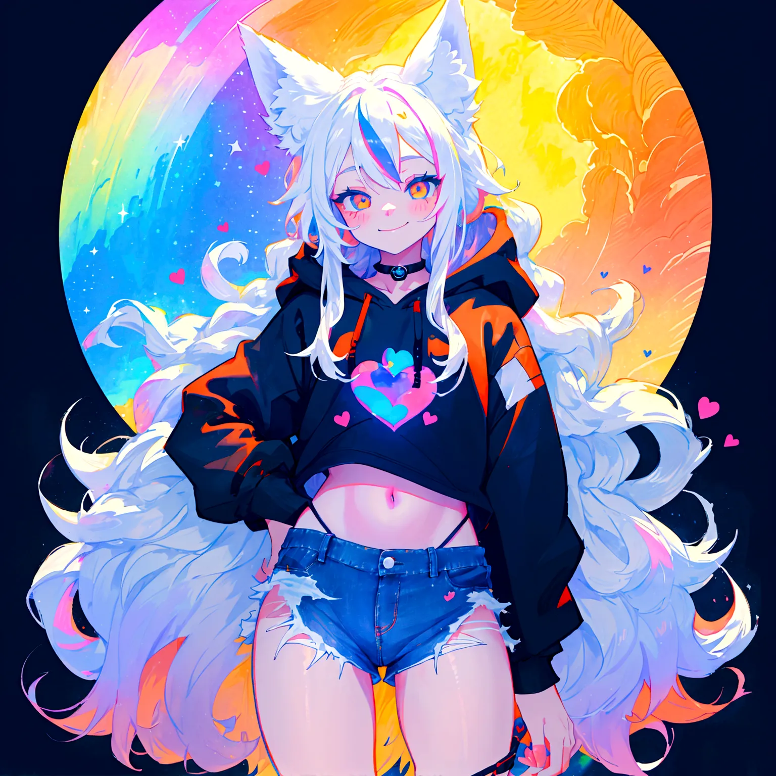 a cute adult male with wolf ears, long white hair, long locks, has a wolf tail, wearing a loose cropped black hoodie, wearing a ...