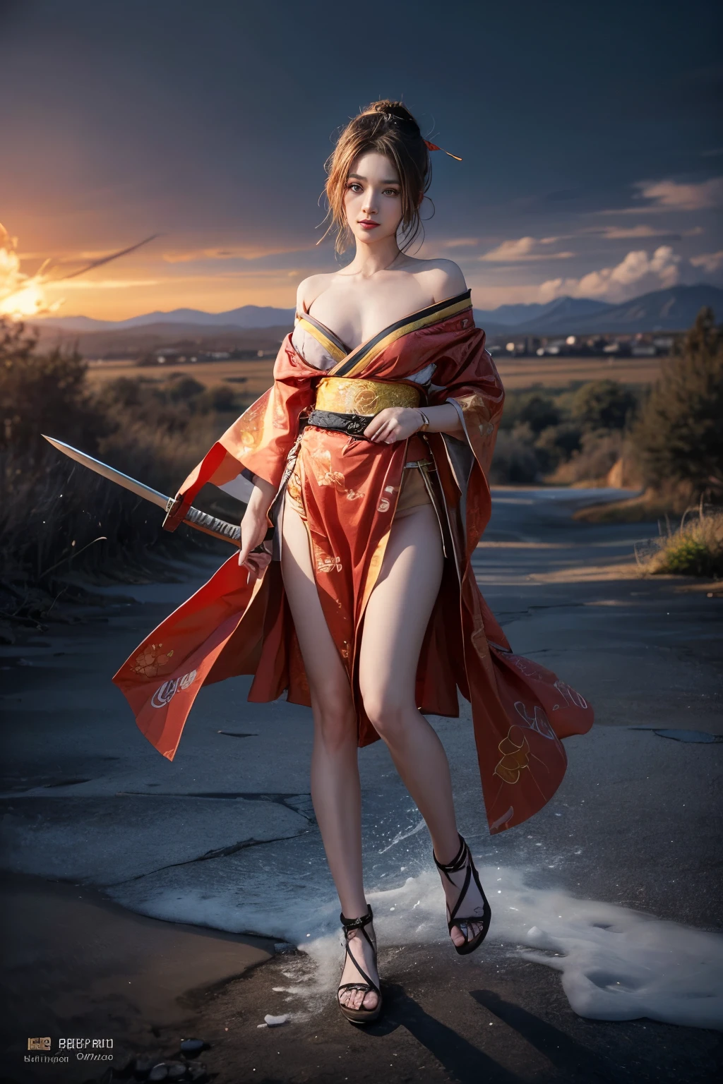 (RAW shooting, Photoreal:1.5, 8K, highest quality, masterpiece, ultra high resolution), Sengoku, Fire, Wars flaring up everywhere:1.3, perfect dynamic composition:1.2, Highly detailed skin and facial textures:1.2, Slim female samurai with a sharp Japanese sword:1.3, Fight:1.2, beautiful and aesthetic, cute and sexy beauty, perfect style:1.2, wear elaborate rings, fire, water, wind, Thunder, ice, Fair skin, very beautiful face, (Medium chest, Chest gap), (embarrassing smile, The expression on your face when you feel intense caress, Facial expression when feeling pleasure), Dull-colored combat uniform,A real sniper,Covert,(Wearing a sexy Sengoku uniform:1.1, off shoulder), (beautiful gray eyes, Eyes that feel beautiful eros:0.8), (Too erotic:0.9, Bewitching:0.9), full body shot,Small breasts,Flat Chest,Small hips,Are thin,Slim figure,Thin legs,Thin thighs,Upper kick,