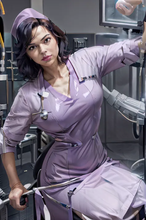 nurse uniform,hospital, latex nurse suit,nurses,busty,elbow gloves,labcoat,grey hair woman,red eyes , gigantic ,medical instrume...