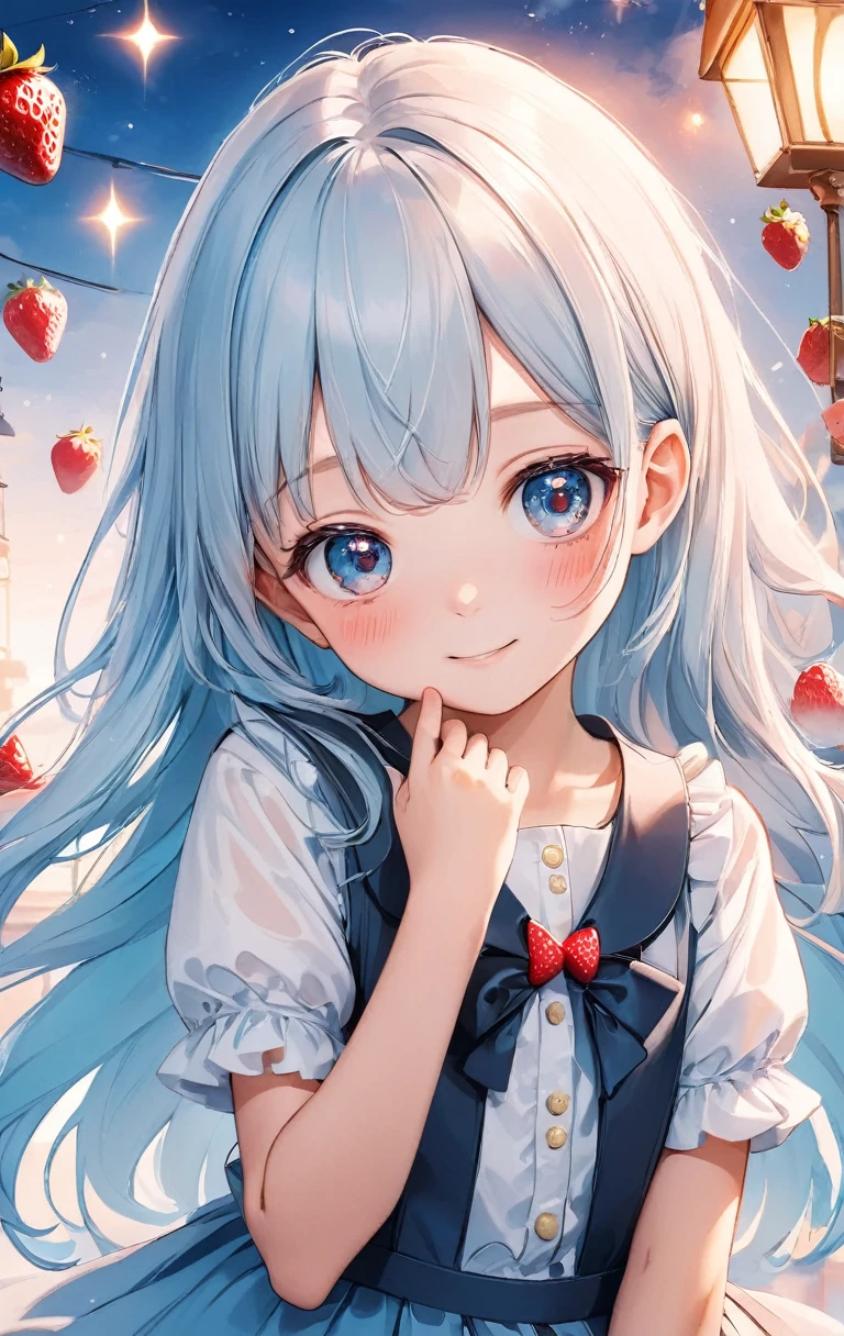 girl,cute, ,(((( light blue long hair)))),light blue hair, ,,, long hair ((blush)) , cute face, big eyes, masterpiece, best quality,(((((a very delicate and beautiful girl))))),Amazing,beautiful detailed eyes,blunt bangs((((little delicate girl)))),tareme(true beautiful:1.2), sense of depth,dynamic angle,,,, affectionate smile, (true beautiful:1.2),,(tiny 1girl model:1.2),)(flat chest),,(long hair with curls,:1.2),(With bangs),(Strawberry-colored eyes:1.2),(Eye size:1.5),(Strawberry motif dress:1.3),(Strawberry garnish:1.6),(🍓🍓🍓🍓:1.5),(Shining Light:1.35),(Model pose:1.3),(Strawberry colored loafers:1.4),(Strawberry colored hair accessory:1.3)
