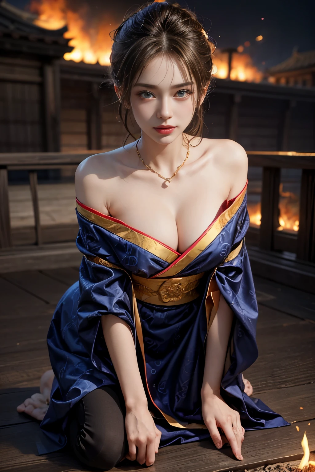 (RAW shooting, Photoreal:1.5, 8k, highest quality, masterpiece, ultra high resolution), Sengoku, fire事, いたるところで燃え上がる戦fire:1.3, perfect dynamic composition:1.2, Highly detailed skin and facial textures:1.2, Slim female samurai with a sharp Japanese sword:1.3, Fight:1.2, beautiful and aesthetic, cute and sexy beauty, perfect style:1.2, wear elaborate rings, fire, water, Wind, thunder, ice, Fair skin, very beautiful face, (Medium chest, Chest gap), (embarrassing smile, The expression on your face when you feel intense caress, Facial expression when feeling pleasure), (Wearing a sexy Sengoku uniform:1.1, off shoulder), (beautiful blue eyes, Eyes that feel beautiful eros:0.8), (Too erotic:0.9, Bewitching:0.9), full body shot,