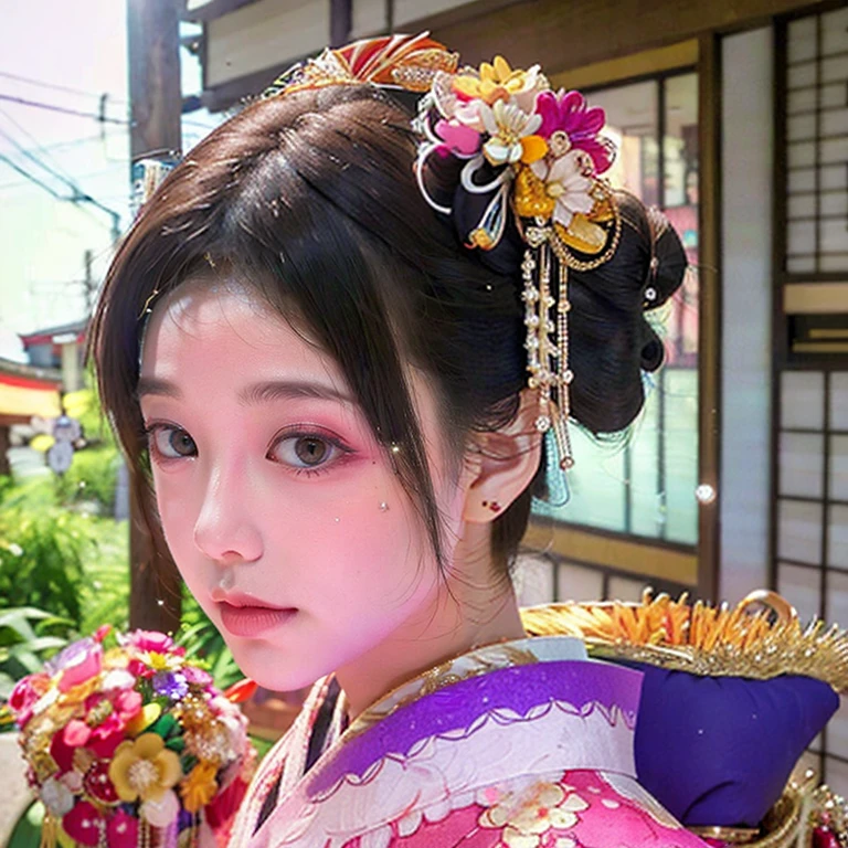 (PUNIPUNI clavicle KIMONO ((offshoulder)) KANZASHI FlowerHairpins Topknot TwinBun Oiran-Hair)High-level, 8K Masterpiece TopQuality, Ultra-detailed CG, Absurd detailed wallpaper, PerfectLighting, Extremely detailed (((Personifying " OIRAN " as a KAWAII Girl))), Characteristic Items, aesthetic LifeLike Rendering, MysticSight, Haze Tyndall Scattering, (Studio GRAY Background with (Oodles Dazzling Iridescent 🌈Particles (BokeH))), (((Assfocus)) RoundlyButt) ThighGap, (Exposed:0.44) 🔞 BREAK (Acutance:0.8), (NOGIZAKA FaceVariations) Extremely Detailed very KAWAII FaceVariations, Childish CaptivatingGaze ElaboratePupils ParfectEyes with (SparklingHighlights:1.28), (Voluminous LongEyelashes:0.88), 💄💋✨ GlossyRedLips with BeautifulDetails, CoquettishTongue, PUNIPUNI RosyCheeks, Radiant PearlSkin with Transparency, Glowing DowneyHair . { (Dynamic LifeLike expressions:1.4) | (:d) }, (large eyes:-1) .