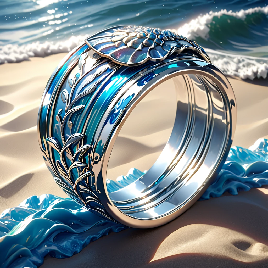 Um brilhante, pulseira de prata polida, design intrincado de motivos marinhos, padrões de onda, tema subaquático, acabamento metálico brilhante, criaturas marinhas gravadas detalhadas, jóias elegantes, artesanato de qualidade premium, lindo acessório inspirado no oceano, item de luxo de alta qualidade, magistralmente esculpido, fotorrealista, 8K, hiper detalhado, foco nitído, iluminação de estúdio, renderização baseada fisicamente, cores vibrantes, Iluminação dinâmica