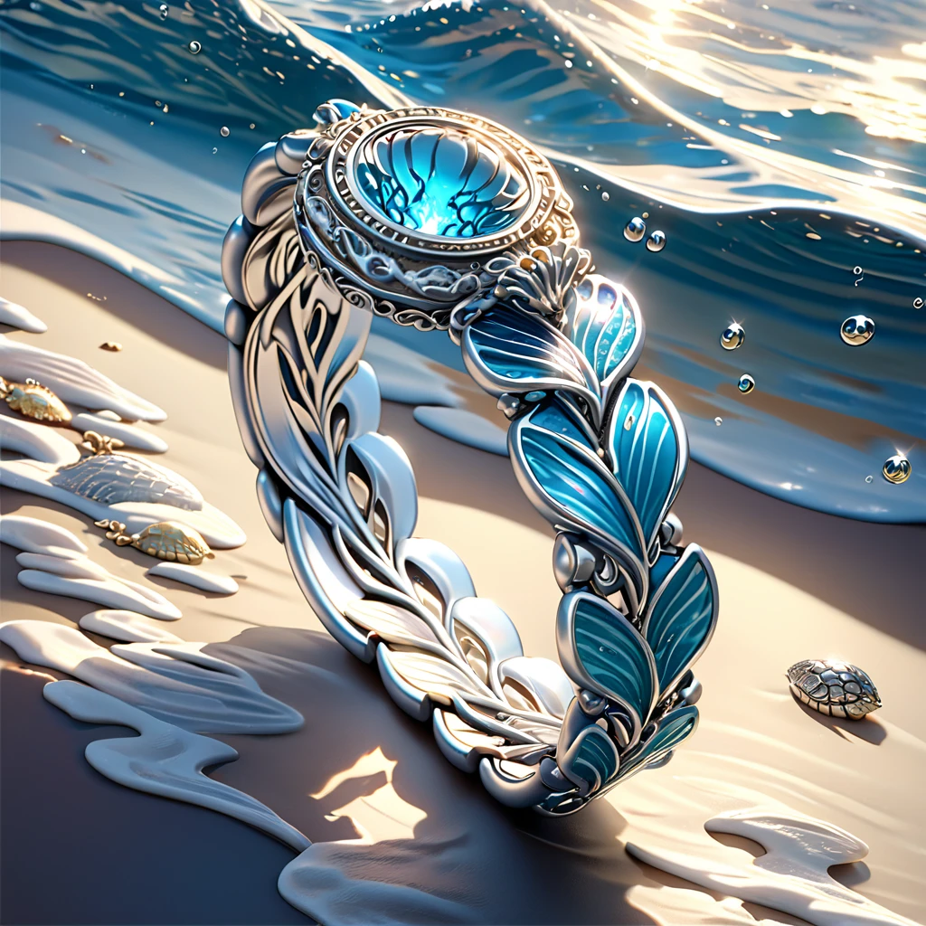 Um brilhante, pulseira de prata polida, design intrincado de motivos marinhos, padrões de onda, tema subaquático, acabamento metálico brilhante, criaturas marinhas gravadas detalhadas, jóias elegantes, artesanato de qualidade premium, lindo acessório inspirado no oceano, item de luxo de alta qualidade, magistralmente esculpido, fotorrealista, 8K, hiper detalhado, foco nitído, iluminação de estúdio, renderização baseada fisicamente, cores vibrantes, Iluminação dinâmica