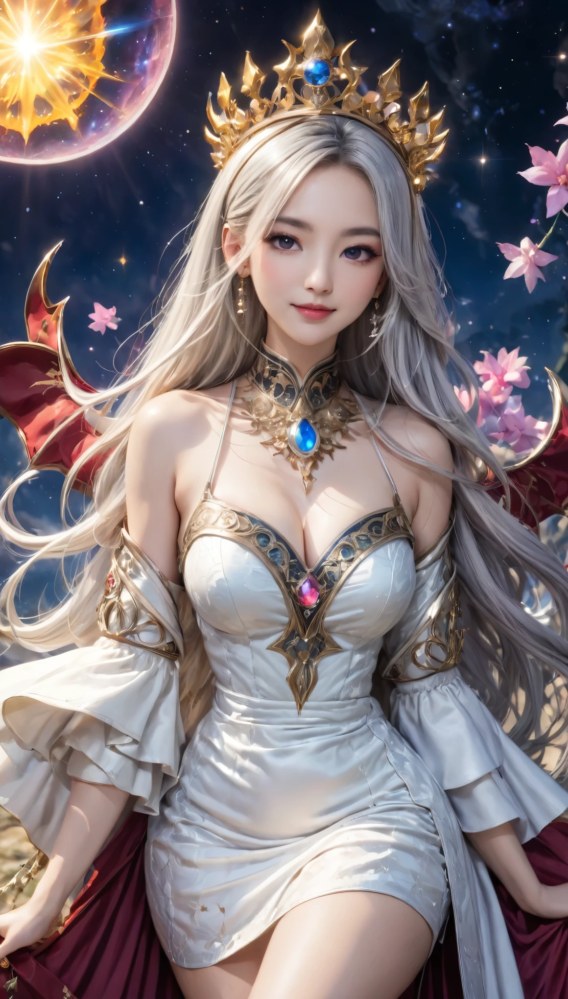 8K resolution, masterpiece, Highest quality, Award-winning works, unrealistic, From above, erotic, sole sexy lady, healthy shaped body, 22 years old, black mage, 165cm tall, huge firm bouncing busts,, white silver long wavy hair, Detailed facial depictions, BREAK, godmysterious blue eyes, Standard nose, Eyeliner, pink lips, sexy long legs, Clear skin, holy knight, Gothic ruffle long dress, A dress with a complex structure, Seven-colored colorful dress, Clothed in flames, royal coat of arms, elegant, Very detailed, Delicate depiction of hair, miniature painting, Digital Painting, artstation concept art, Smooth, Sharp focus, shape, Art Jam、Greg Rutkowski、Alphonse Mucha's、William Adolphe Bouguereau、art：Stephanie Law , Royal Jewel, nature, Symmetric, Greg Rutkowski, Charlie Bowwater, Unreal, surreal, Dynamic Lighting, Fantasy art, Complex colors, Colorful magic circle, flash, dynamic sexy poses, A kind smile, Mysterious Background, Aura, A gentle gaze, BREAK, Small faint lights and flying fireflies, night, lanthanum, From above, looking down on the world below, Starry Sky, milky way, nebula, shooting star, god々A sacred staff that emits a brilliant light, Back view, Looking back towards the camera