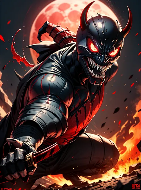 Venom spawn samurai,oni face mask venom teeth,realistic, glowing red eyes,blood moon background, holding a bag katana,in attack ...