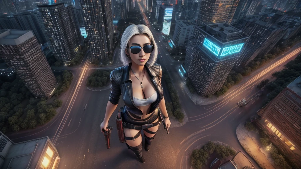 (((at night))), FPS gaming screen view, rooftop, (((high angle view))) of cyberpunk city, neon light hologram buildings, unreal engine 5 rendering, (((1Girl, solo))), large breasts, Chest exposed, breast cleavage, wide open ass, slim waist, dynamic seductive pose, ((​masterpiece:1.2)), top-quality, official art, detailed CG Unity 8K Wallpapers, artbook, Expressive Hues, Vibrant Palette, B deficiency and white clothes, (((matrix style black micro sunglasses))), (((((aiming with a short gun))))), (((looking at camera))), (((very low view))), (((((thigh level medium:1.1 shot))))).