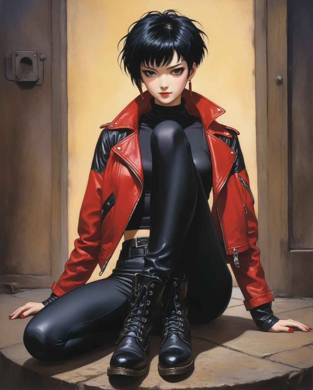 amano yoshitaka, a full-body, high-resolution anime style of A woman with black pixie cut hair, dressed in black tights, black boots, black crop top, and red leather jacket