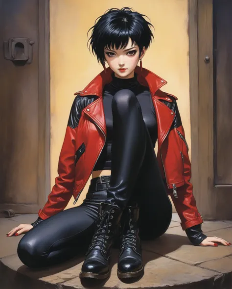 amano yoshitaka, a full-body, high-resolution anime style of a woman with black pixie cut hair, dressed in black tights, black b...