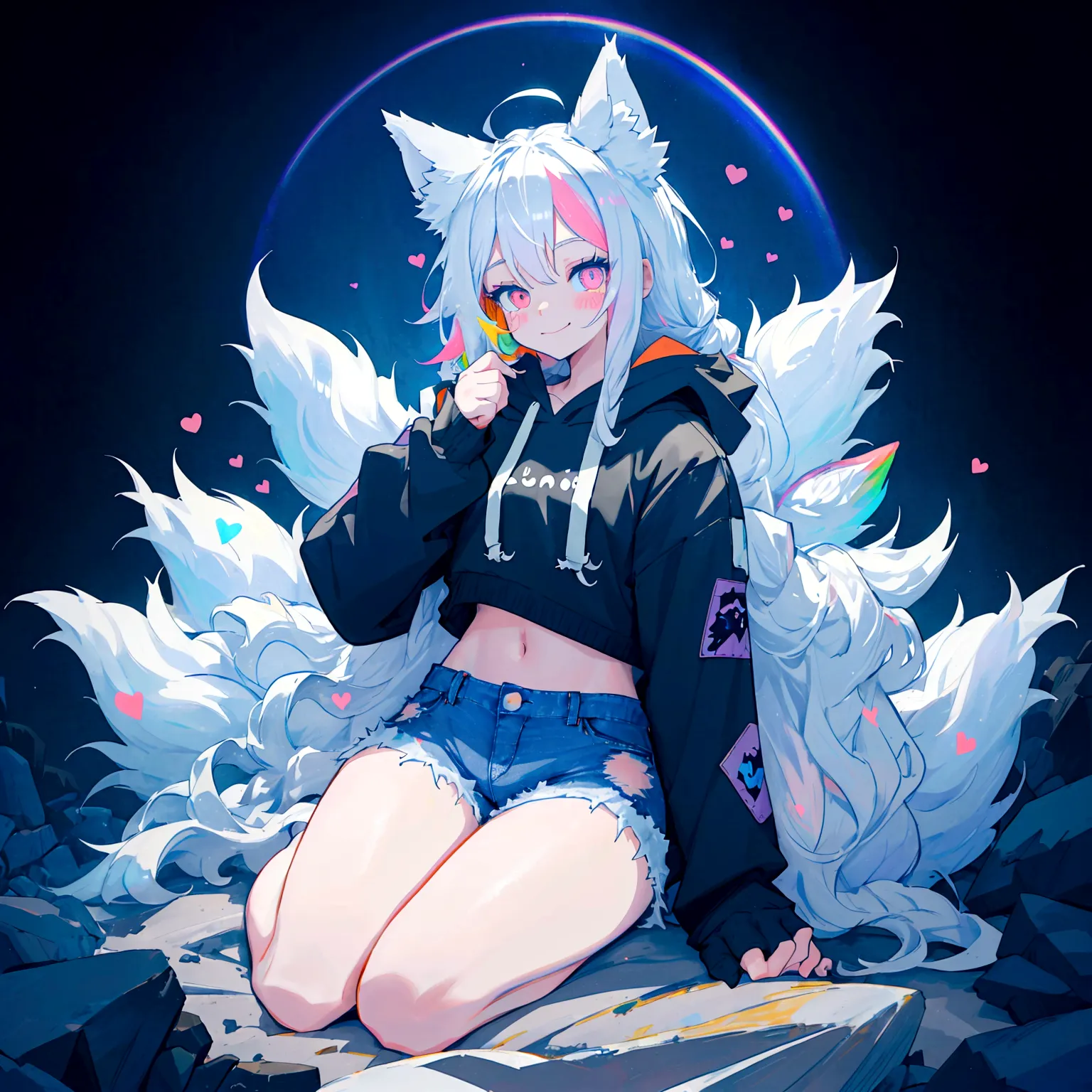 a cute adult male with wolf ears, long white hair, long locks, has a wolf tail, wearing a loose cropped black hoodie, wearing a ...