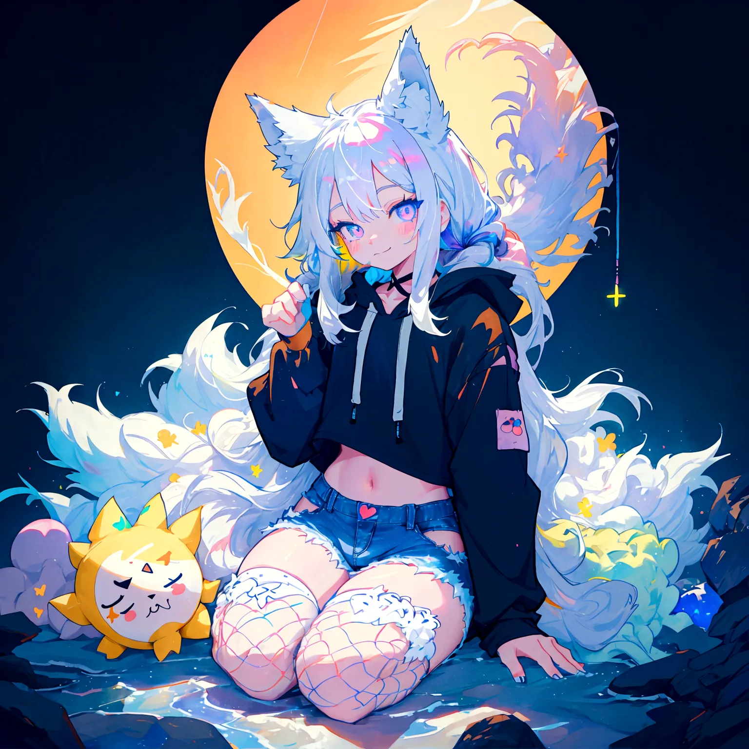 a cute adult male with wolf ears, long white hair, long locks, has a wolf tail, wearing a loose cropped black hoodie, wearing a ...