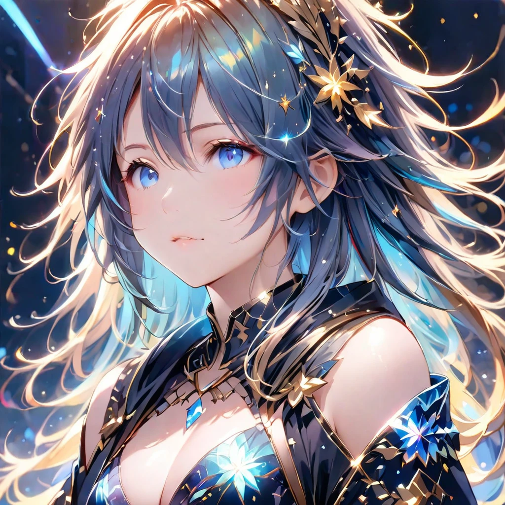 (8K, Highest quality, masterpiece:1.2),(Highest quality:1.0), (Ultra-high resolution:1.0), watercolor, Beautiful woman, shoulder, Costumes adorned with light refraction、Twinkling of the stars、Diamond Sparkle、Hair Ribbon, Agnes Cecil, Half Body Portrait, Super bright design, pastel colour, (ink:1.3), Autumn Light,