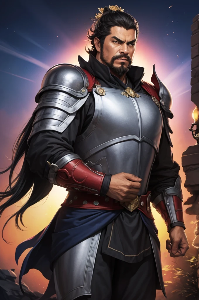 8K,middle aged man,oriental armor(The elaborately crafted coat of arms of a nobleman),ultra high resolution,surreal,realistic skin,Black hair short hair,big black eyes,clear eye description, head armor, waist armor,delicate hands, Perfect hand shape, character art, action pose,masterpiece,Realistic RAW photos of the highest quality,bright colors,rich colors, backlight, movie lights, film grain,50mm lens