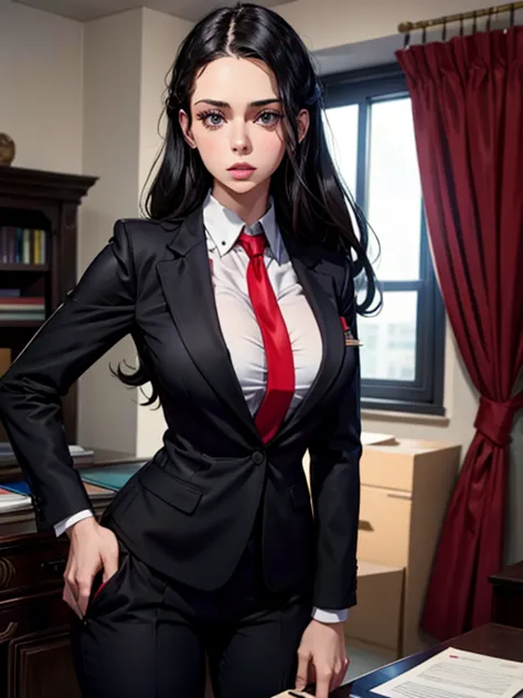 Lana Rhoades in a black business suit with a red tie 