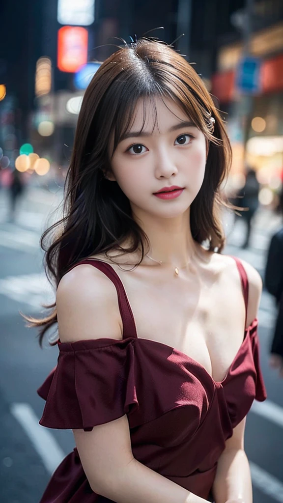 (A woman wearing an off-the-shoulder dress staring)、Very beautiful woman、Japan woman at 21 years old、(Highest quality、high resolution、High resolution、High definition、masterpiece、16K:1.2)、Woman standing in an urban entertainment district、Night streets in Tokyo、Shibuya、(In Tokyo)、((Nikon Z9 NIKKOR Z 50mm f/1.2 S 50mm F/11 1/40secs))、(RAW Photos、Photos like the real thing、Clear photos:1.1)、Perfect proportions、8th life、Long legs、Detailed face and eyes、Dark brown eyes、Lifelike skin texture、A ruddy face、slightly blushing face、Cute Face、Sharp face line、Beautiful feet、Beautiful breasts、Medium breast、Narrow waist、Glossy lips、Beautiful clavicle、Beautiful décolleté line、Semi-long hair、slightly wavy black hair、Beautiful hair with luster、Female college student、Wine Red Dress
