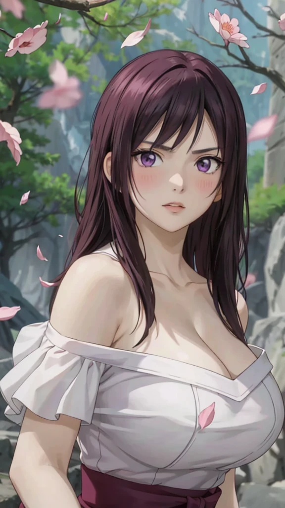 masterpiece, absurdres, hinata\(boruto\), 1girl, solo,mature female, off shoulder floral dress, looking at viewer, (falling petals), perfect composition, detailed lips, big breast, beautiful face, body propotion, blush, (pink lips), long hair,  purple eyes,  soft gaze,  super realistic, detailed, photoshoot, realistic face and body, sexual expression, seductive expression,((big tits))