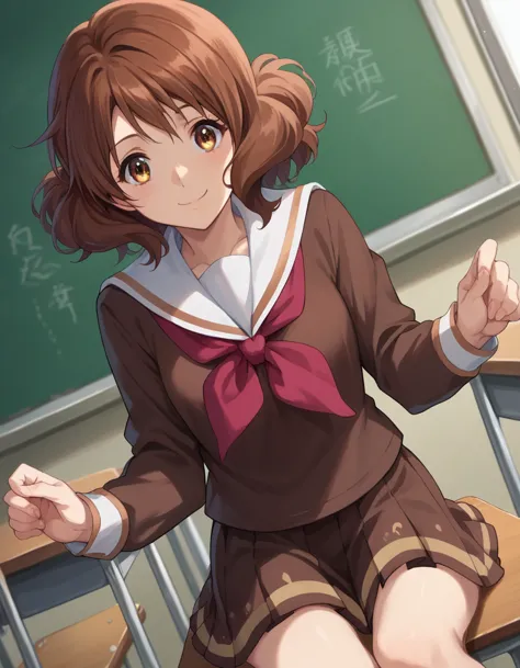 highest quality, high resolution, masterpiece, (beautiful eyes), (fine grain), detailed face, kumiko oumae, brown eyes, brown ha...