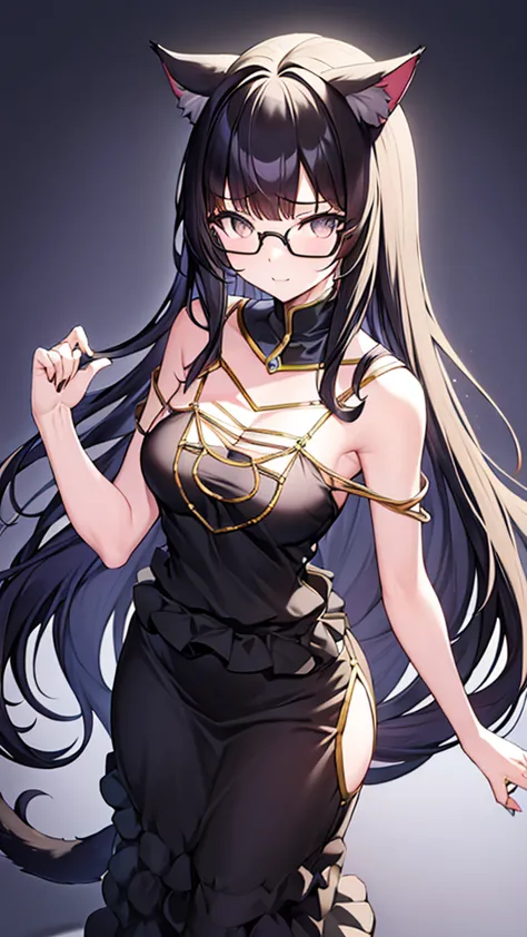 a 20-year-old cat girl with long black hair, gray eyes, cat ears and a cat tail, wears glasses, black  long dresses sexy, sleeve...