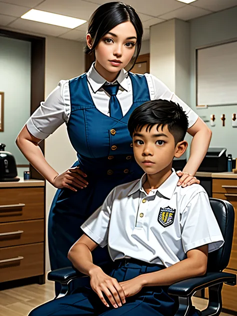 The photo shows a busty woman and an elementary school boy at the barber&#39;s、A boy sits in a barber&#39;s chair at the barber&...