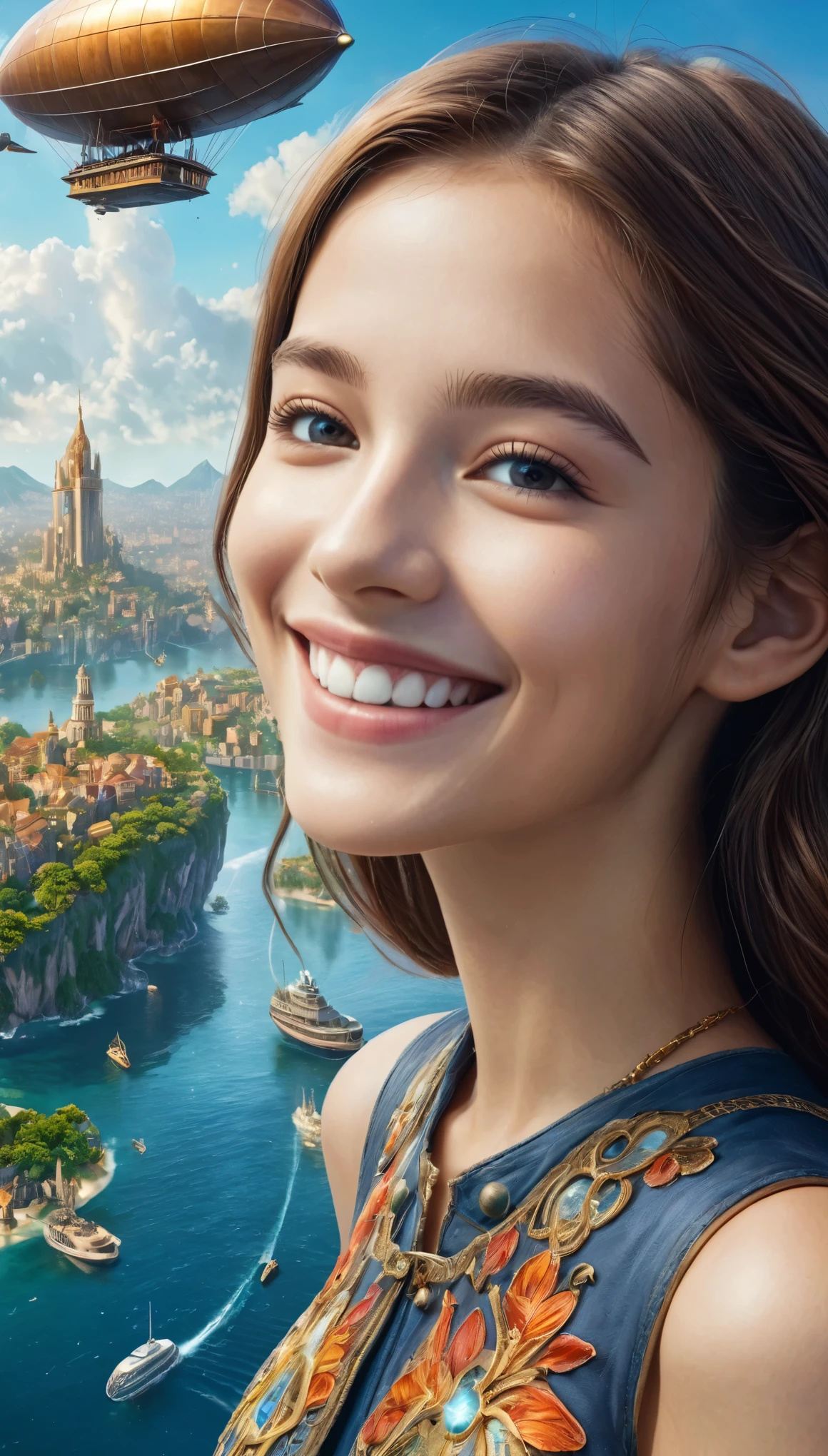 Many islands are floating in the air, A small airship is flying around, City, Fantasy, Extreme Detail, Realistic Light, A magnificent composition, (Intricate details), (Intricate Design, Super detailed :1.2), Art Station, (masterpiece, Highest quality), Ultra HD, 32K  (Close-up portrait of 16yo beautiful girl is smiling at viewers:1.1)