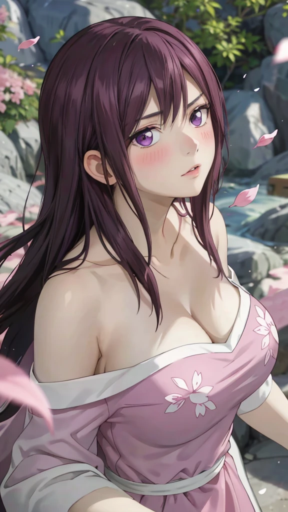 masterpiece, absurdres, hinata\(boruto\), 1girl, solo,mature female, off shoulder floral dress, looking at viewer, (falling petals), perfect composition, detailed lips, big breast, beautiful face, body propotion, blush, (pink lips), long hair,  purple eyes,  soft gaze,  super realistic, detailed, photoshoot, realistic face and body, sexual expression, cute shy blush on 