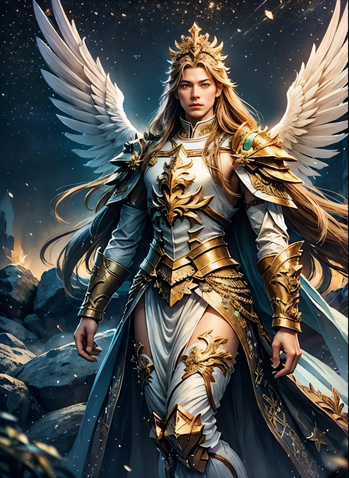 Hyper-realistic 3D render of Cygnus Knights' commander Cygnus, known as Cygnus in MapleStory, full body portrait. Young man with long, flowing light brown hair and bright emerald green eyes. Dressed in elaborate white and light blue armor with gold accents, featuring angelic motifs and intricate Nova crystalline details. Wearing a delicate tiara with wing-like designs. Large, luminous white wings spread majestically behind her. Holding her signature weapon, the White Angelic Blessing shining staff. Ethereal blue aura surrounds her figure, symbolizing her connection to Ereve and the powers of light. Dark, misty background with hints of floating islands and the World Tree. Cinematic lighting, ultra-high definition, photorealistic textures. Style of top Hollywood CGI artists combined with the essence of MapleStory's iconic art