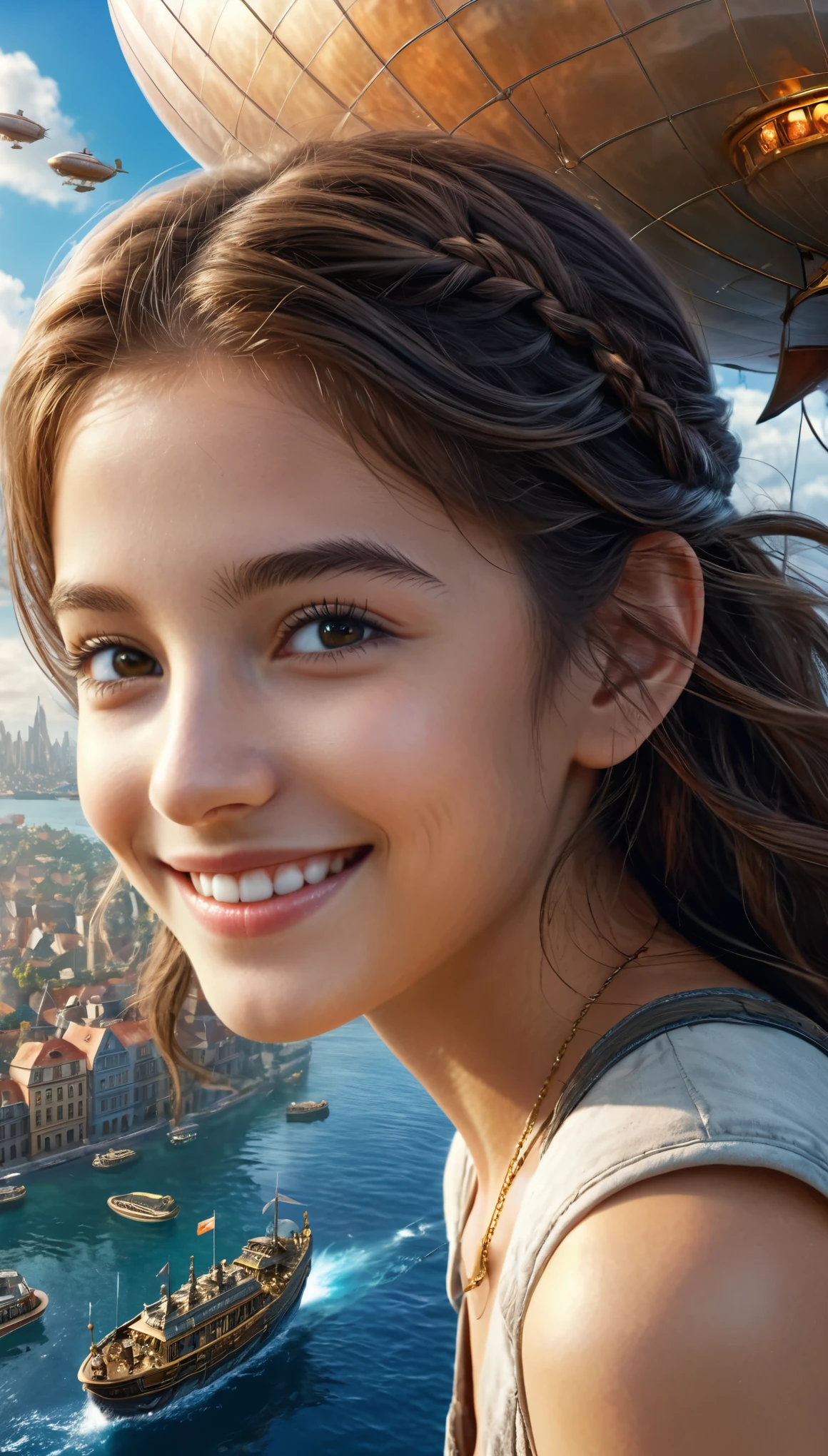 Many islands are floating in the air, A small airship is flying around, City, Fantasy, Extreme Detail, Realistic Light, A magnificent composition, (Intricate details), (Intricate Design, Super detailed :1.2), Art Station, (masterpiece, Highest quality), Ultra HD, 32K  (Close-up portrait of 16yo beautiful girl is smiling at viewers:1.1)