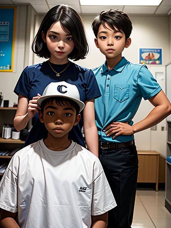 The photo shows a busty woman and an elementary school boy at the barber&#39;s、A boy sits in a barber&#39;s chair at the barber&#39;s、(A woman is wearing a barber&#39;s uniform and cutting a boy&#39;s hair)、Barber woman&#39;s gentle smile、Boy looking at woman&#39;s breasts、Fine facial features、Beautiful Eyes、Long eyelashes、(Anatomically correct fingers:1.6)、high quality、Real、Photorealistic、8K、masterpiece、Cinematic lighting、Bright colors、Very detailed、Intricate details、Dramatic composition、emotional expression、Beautiful rendering、extraordinary artistry, wtrcolor style, photorealistic