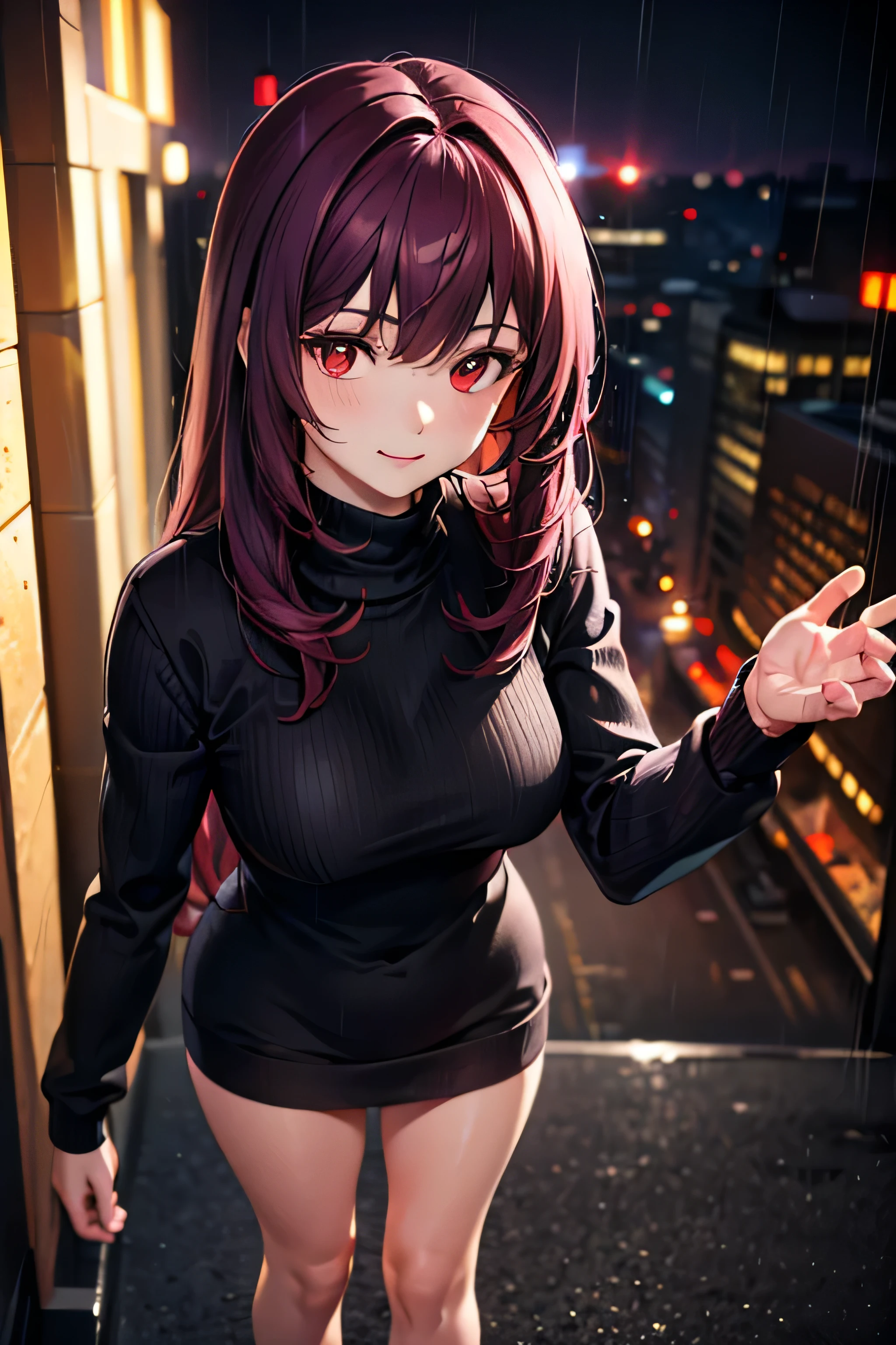 (Masterpiece, 4K, 8K, ultra hires, very detailed, good shadow, Good light, deepshadow, unreal, high resolution, Ultra detailed, Best quality, Ultra-high resolution, Visually stunning, Beautiful, Award-winning art, Best quality, stunningly beautiful:1.2),  1girll, scathach, long hair, purple hair, (red eyes:1.5), long sleeves, ribbed sweater, sweater, turtleneck, turtleneck sweater, (black sweater:1.5), smiling, confident pose, Official, City, (rain), Detailed background, Girl focus, (Blurry crowds:1.2), Crossroads, (From above:1.4), Realistic, Photo,  MIDJOURNEY