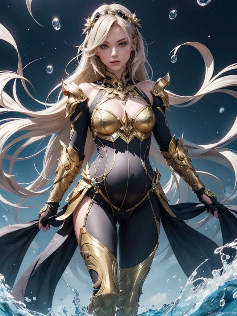 girl in neat golden armor, BREAK, 1girl, fit golden armor suit, ornate intricate pattern details golden shoulder robe, detailed face, dusk sky, outdoor, (masterpiece), (best quality), (ultra-detailed), (tousled hair), (illustration), (fashionable clothes), standing, fashion model, looking at the viewer, (interview), floating, (high saturation), (colorful splashes), colorful bubbles, (glow), pregnant,