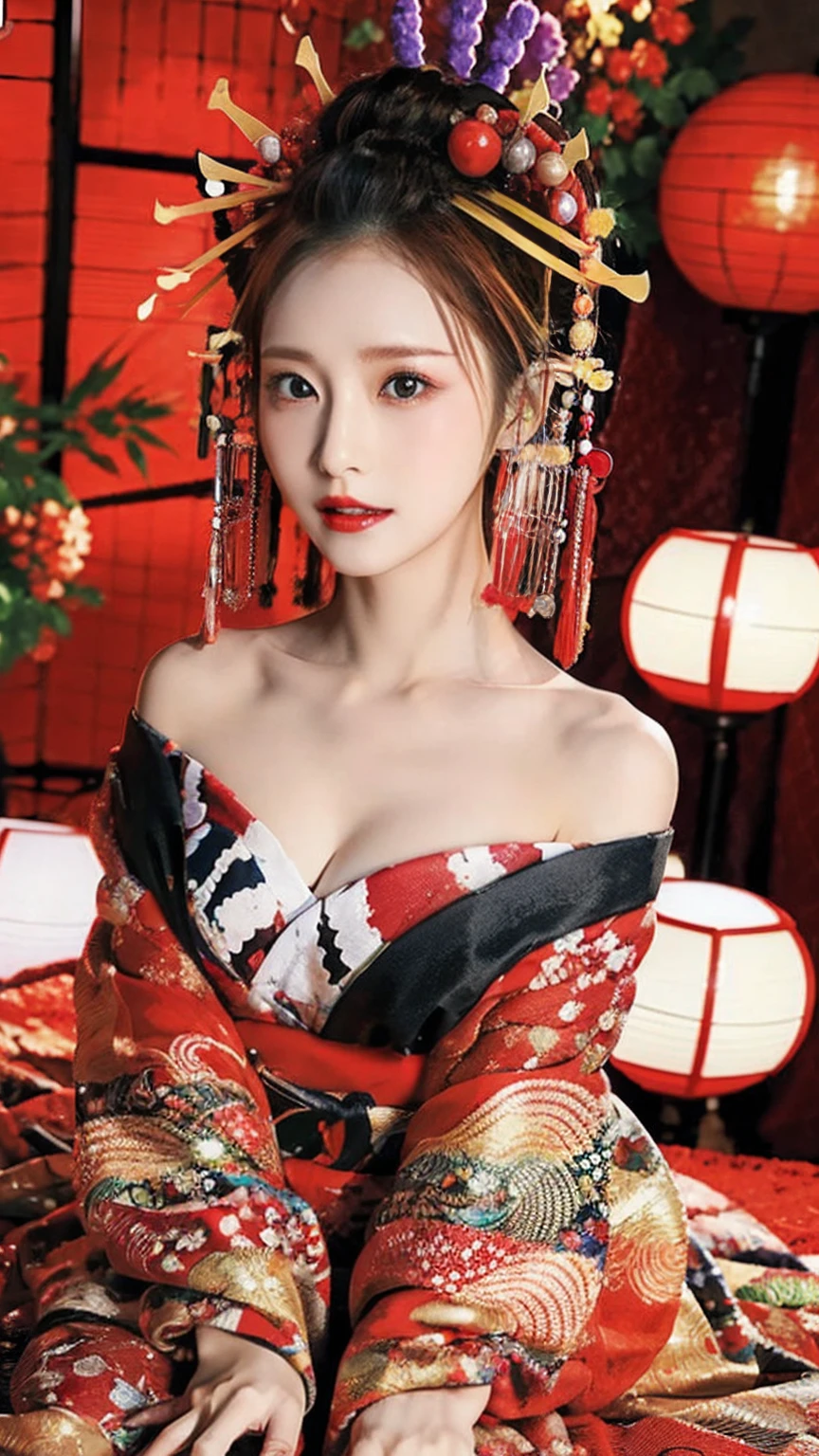 (masterpiece, Highest quality, Official Art), (Realistic: 1.5), Sharp focus, High detail, 8K,
(1 Girl), Precise anatomy body, Full Body Shot, (Round face: 1.5), Big eyes, A kind smile, Looking at the audience, Cowboy Shot, Prostitutes in the Red Light District, Oiran, Courtesan hairstyle, Beautiful Face, Detailed face, Perfect proportions, Big Ass, Thick thighs, (Shiny skin), Sit sideways with knees apart, Sit sideways,
An expensive red kimono with an intricate design, (Many colors: 0.8), (comb, hairpin, hair ornaments,: 0.9), (Sexy angle), (The background is the red-light district at night.), Shallow depth of field, perspective,