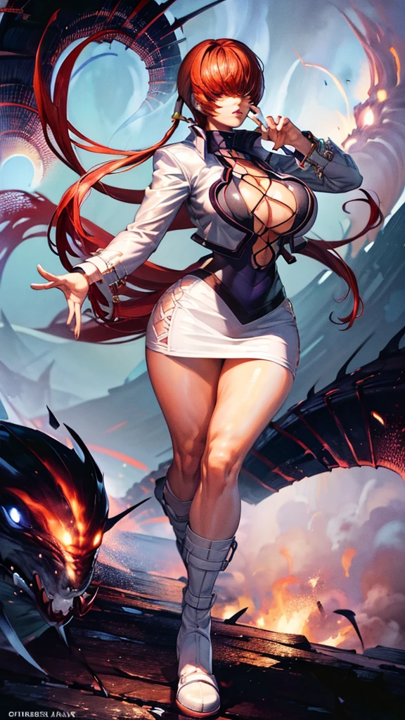 (masterpiece, highest quality, ultra high res, ultra detailed:1.3), 1 cute girl, ideal ratio body proportions, big breast, slender, full body, red long hair, low ponytail, (bangs covered both eyes completely, hair over both eyes:1.4), white tight leather mini skirt, purple turtleneck shirt, (cleavage cutout:1.3), BREAK, white leather jacket, open jacket, white leather boots, standing,