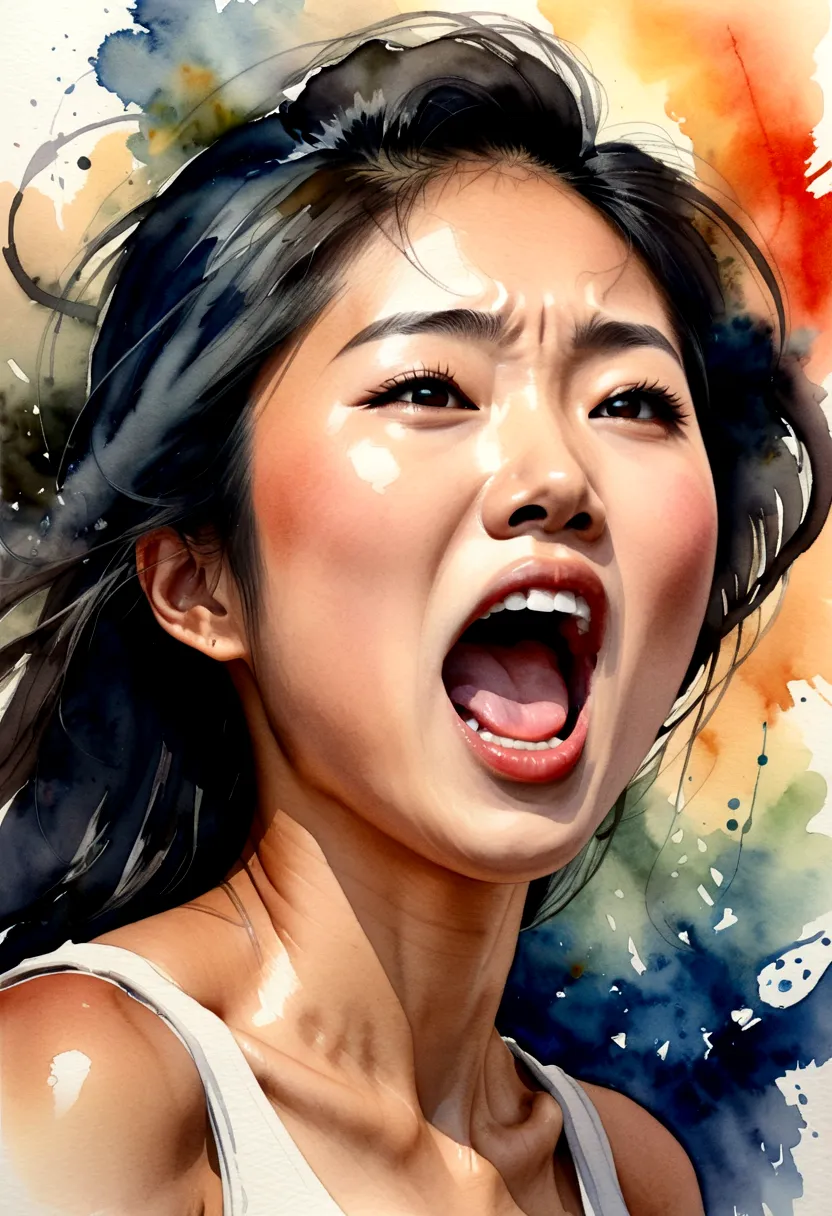 Side view of a young Asian woman,His mouth opened wide and he shouted loudly in anger..,watercolor,abstract art,greatly exaggera...
