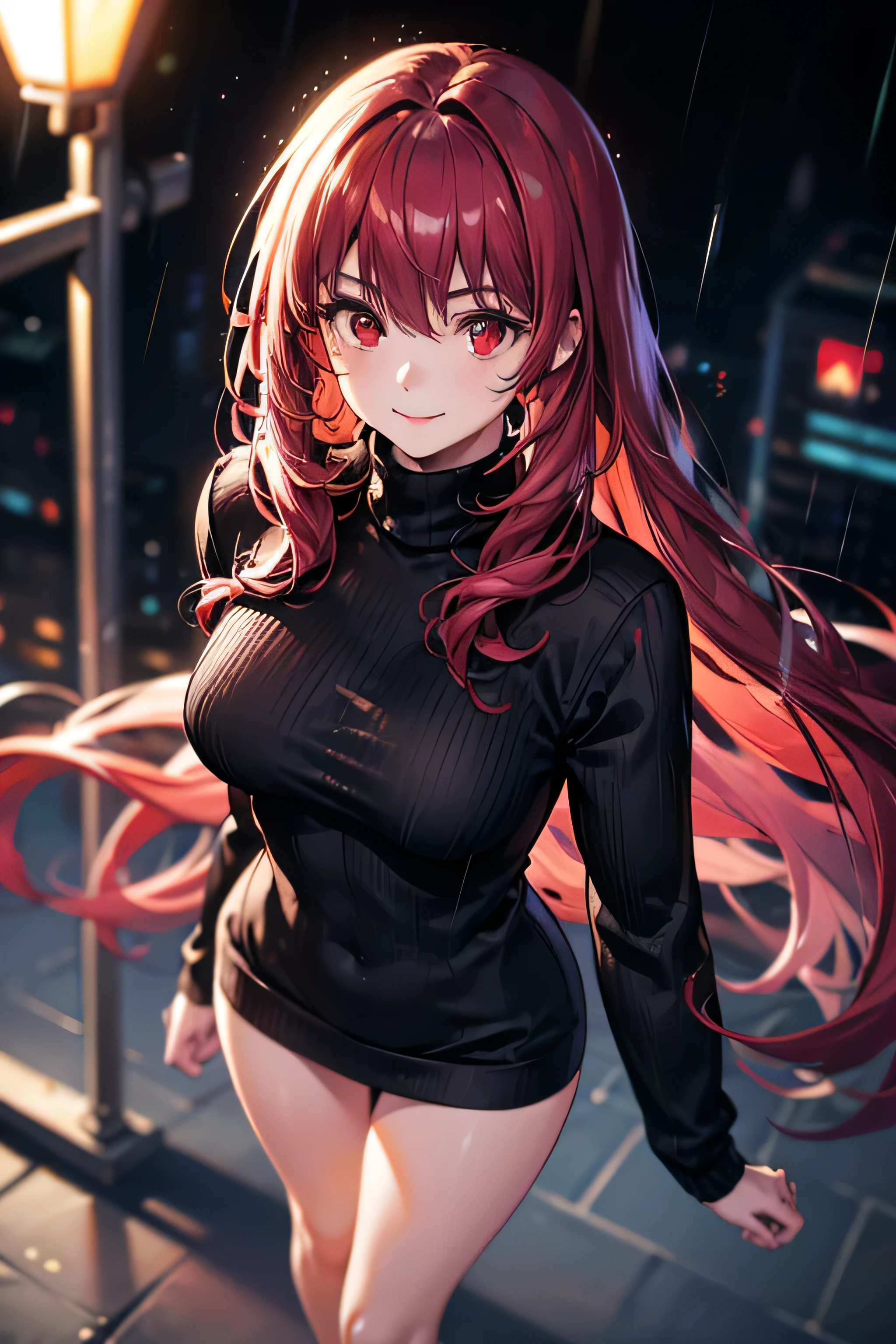 (Masterpiece, 4K, 8K, ultra hires, very detailed, good shadow, Good light, deepshadow, unreal, high resolution, Ultra detailed, Best quality, Ultra-high resolution, Visually stunning, Beautiful, Award-winning art, Best quality, stunningly beautiful:1.2),  1girll, scathach, long hair, purple hair, (red eyes:1.5), long sleeves, ribbed sweater, sweater, turtleneck, turtleneck sweater, (black sweater:1.5), smiling, confident pose, Official, City, (rain), Detailed background, Girl focus, (Blurry crowds:1.2), Crossroads, (From above:1.4), Realistic, Photo,  MIDJOURNEY