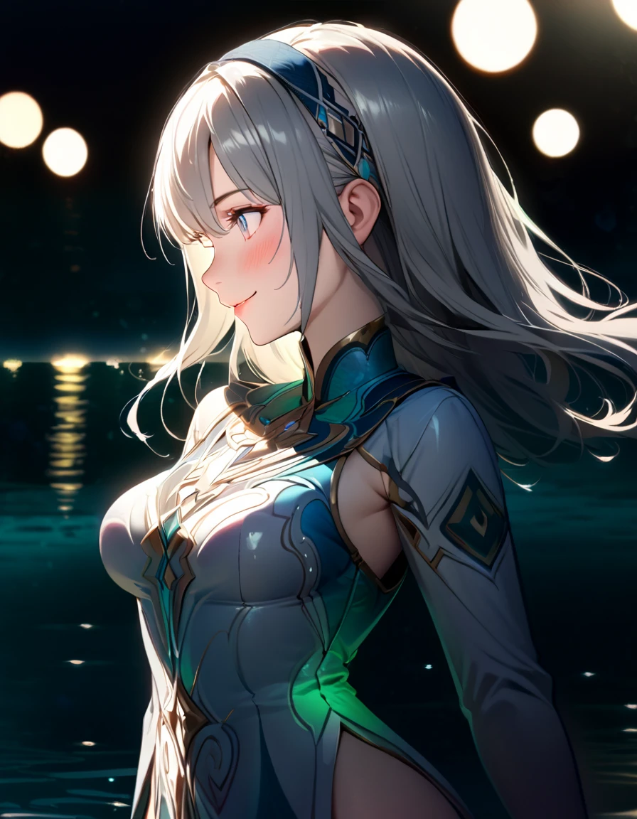  beautiful girl, long pale grey hair, beautiful face,smiling,close up to hips, beautiful medium breast, in the middle of beautiful lake, (open mouth:0.4),illustration,detailed textures(realists),ultra-detailed,portrait style,vivid colors,soft lighting, blushing, mature, hair fluttering, cool moonlight light, ((half body)), wearing intricate clothes, perky. ((side profile until hips)), head bands, cleavages:0.4