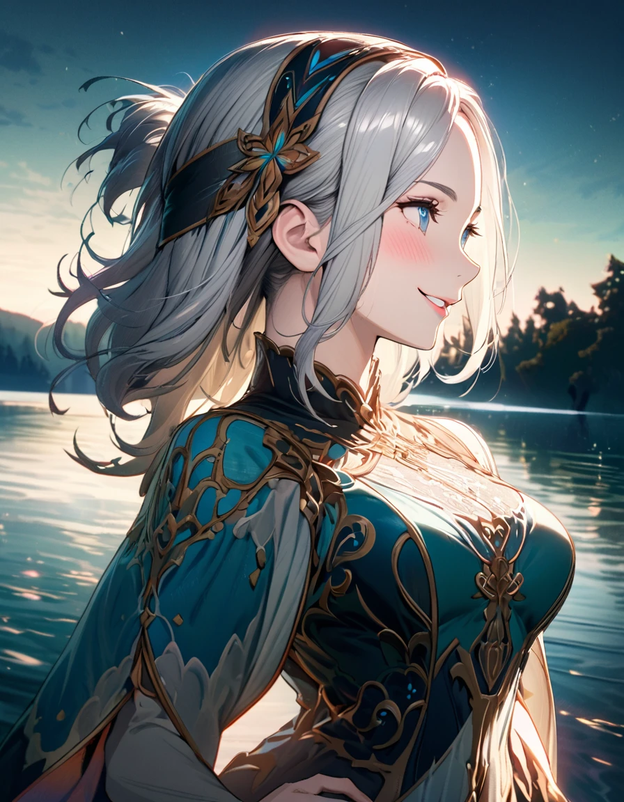  beautiful girl, long pale grey hair, beautiful face,smiling,close up to hips, beautiful medium breast, in the middle of beautiful lake, (open mouth:0.4),illustration,detailed textures(realists),ultra-detailed,portrait style,vivid colors,soft lighting, blushing, mature, hair fluttering, cool moonlight light, ((half body)), wearing intricate clothes, perky. ((side profile until hips)), head bands, cleavages:0.4