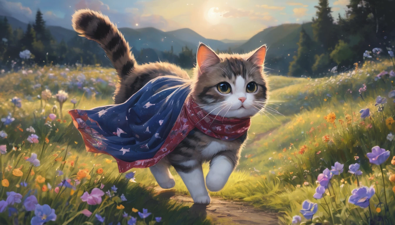 By Alaina Remar、A painting of a cat wearing a small silk scarf. The cat is walking and looks happy. Starry sky in summer night time. In the background there is a field with beautiful flowers.. Cat-focused movies, Dynamic pose, Dynamic Background, Dynamic configuration, Dynamic Lighting, Realistic proportions, High resolution, Ray Tracing,  Very detailed, Super detailed, Intricate details,  Very detailed atmosphere, Very detailedテクスチャ.