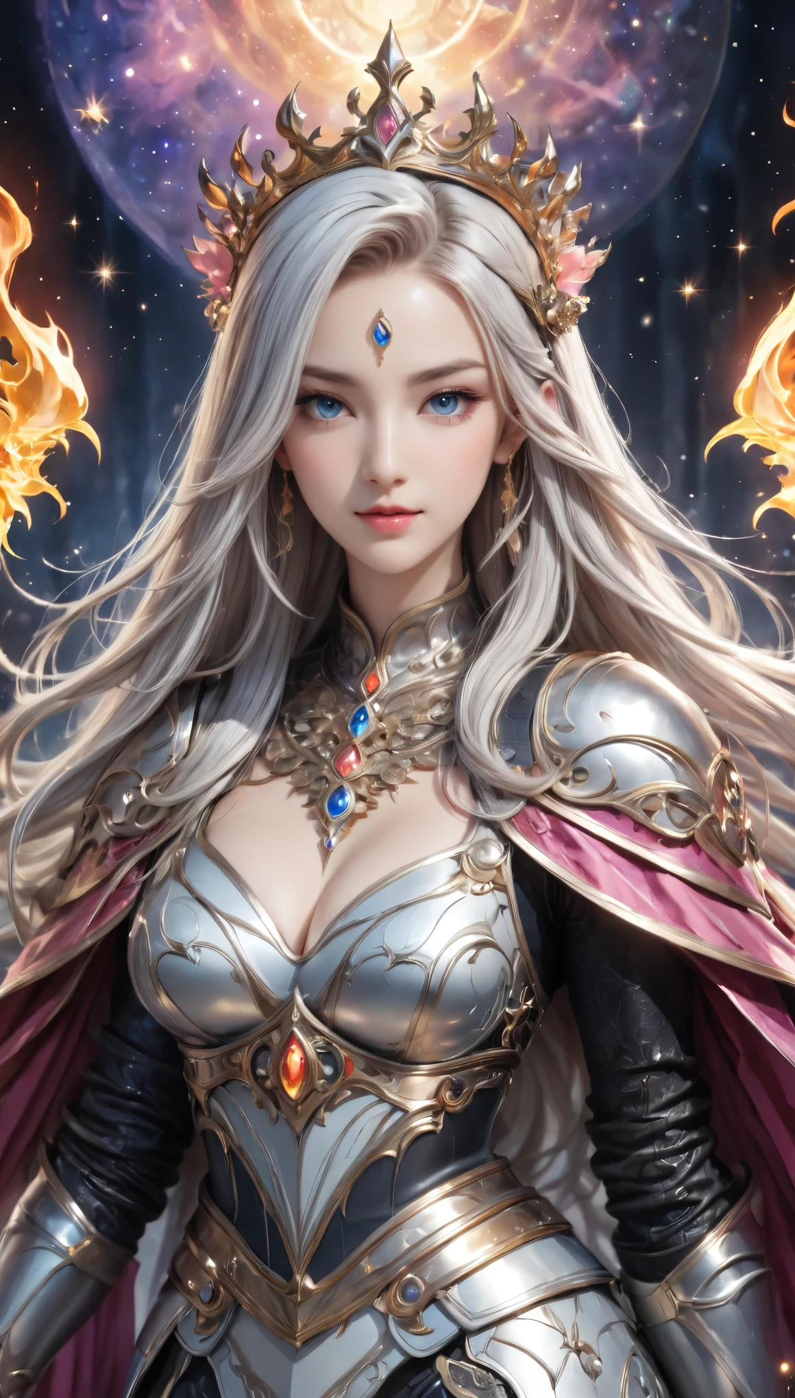 8K resolution, masterpiece, Highest quality, Award-winning works, unrealistic, From above, erotic, sole sexy lady, healthy shaped body, 22 years old, black mage, 165cm tall, huge firm bouncing busts,, white silver long wavy hair, Detailed facial depictions, BREAK, Mysterious blue eyes, Standard nose, Eyeliner, pink lips, sexy long legs, Clear skin, knight, Gothic armor, Complex structure of armor, Seven-colored colorful armor, Clothed in flames, Phoenix Crest, elegant, Very detailed, Delicate depiction of hair, miniature painting, Digital Painting, artstation concept art, Smooth, Sharp focus, shape, Art Jam、Greg Rutkowski、Alphonse Mucha's、William Adolphe Bouguereau、art：Stephanie Law , Royal Jewel, nature, Symmetric, Greg Rutkowski, Charlie Bowwater, Unreal, surreal, Dynamic Lighting, Fantasy art, Complex colors, Colorful magic circle, flash, dynamic sexy poses, A kind smile, Mysterious Background, Aura, A gentle gaze, BREAK, Small faint lights and flying fireflies, night, lanthanum, From above, looking down on the world below, Starry Sky, milky way, nebula, shooting star, God in the right hand々A sword that emits a brilliant light, Back view, Looking back towards the camera,